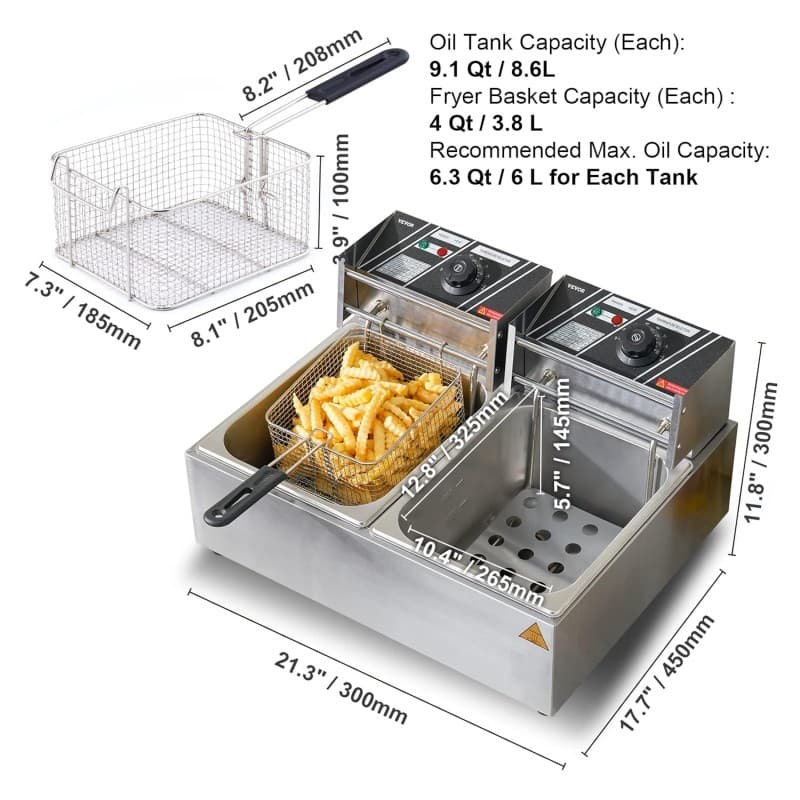 Elektrische Fritteuse aus Edelstahl 24 l Doppeltank-Fritteuse 2 x 1500 Watt inkl. 2 Frittierkörbe – 5