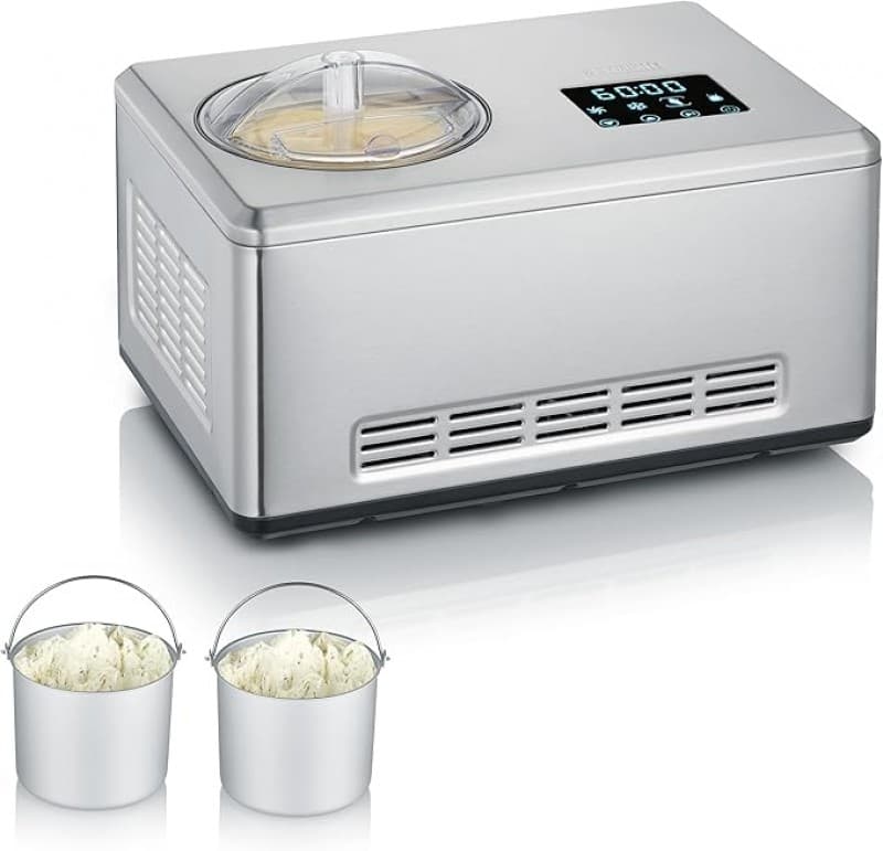 Creammaker Eismaschine Cream Maker 2 l mit Joghurtfunktion Edelstahl 180 Watt mit 2 x 2 L Behälter