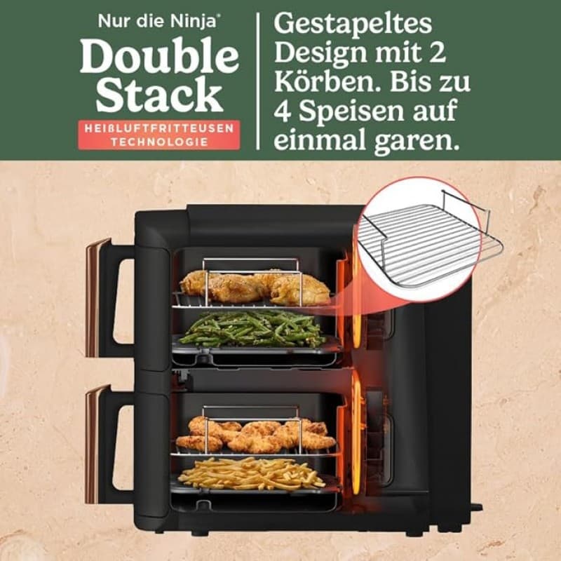 Heißluftfritteuse XL Double Stack 2 vertikale Schubladen 4 Kochstufen 2 Schlitze platzsparend 9,5 L – 4