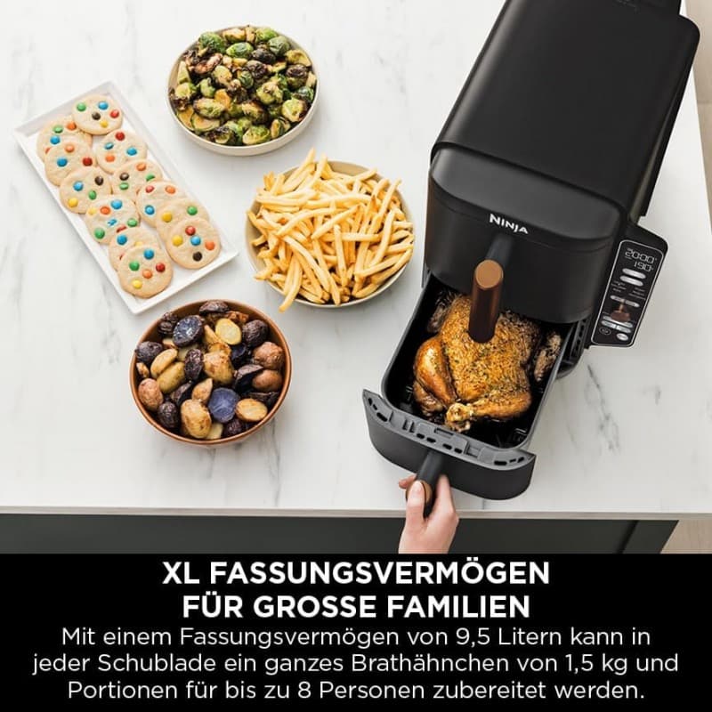 Heißluftfritteuse XL Double Stack 2 vertikale Schubladen 4 Kochstufen 2 Schlitze platzsparend 9,5 L – 5