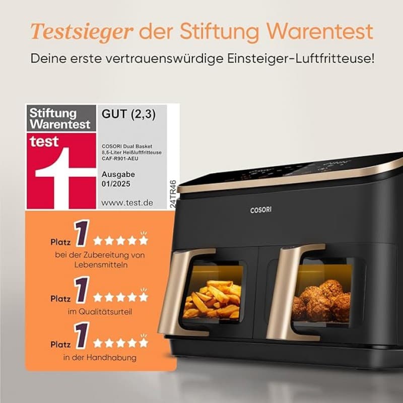 Heißluftfritteuse gold 2 Fächer 6-in-1 Dual Zone XXL 8,5 L zwei Kammern mit Sichtfenster – 4
