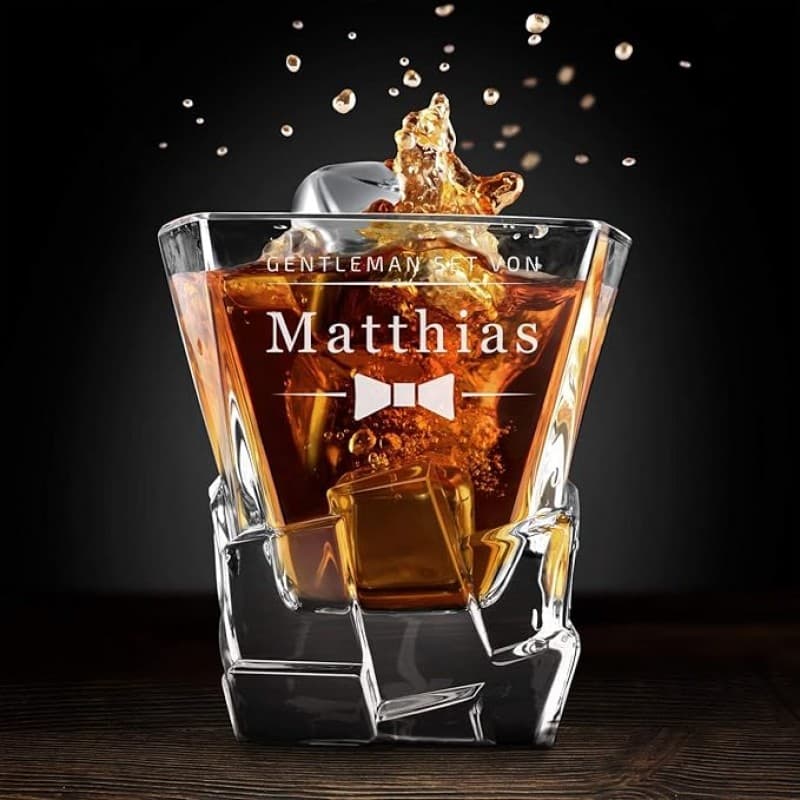 Whiskysteine Set in Holzbox 8 Eiswürfel widerverwendbar Edelstahlzange 2 Whiskygläser Samtbeutel – 4