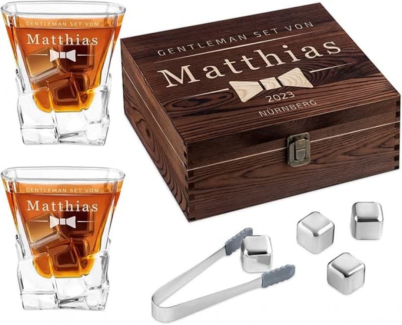 Whiskysteine Set in Holzbox 8 Eiswürfel widerverwendbar Edelstahlzange 2 Whiskygläser Samtbeutel