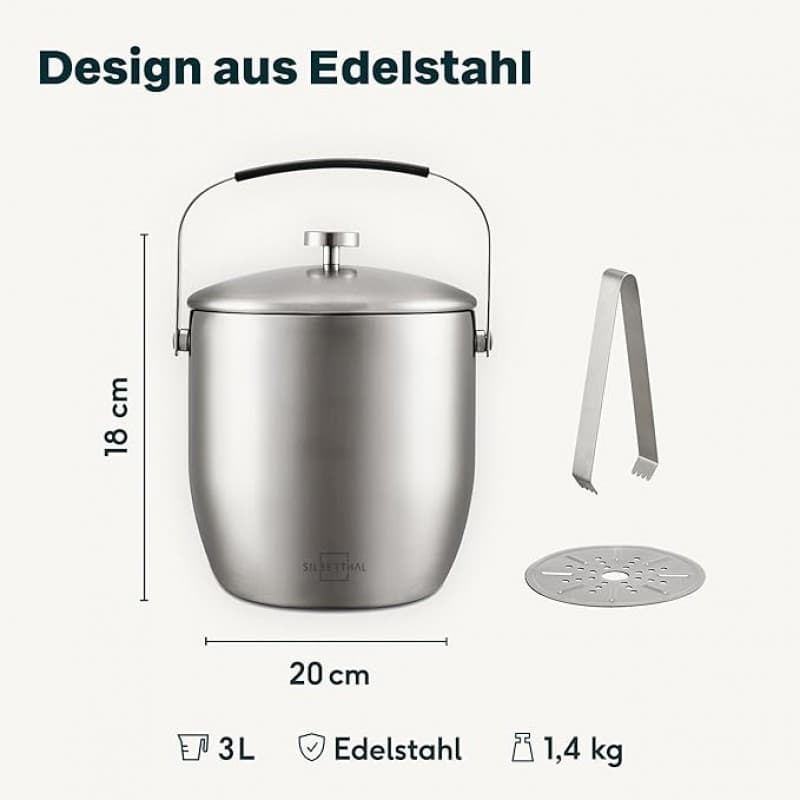 Eiswürfelbehälter Eiskübel mit Deckel und Zange Edelstahl doppelwandig isoliert extra Kühlung – 3