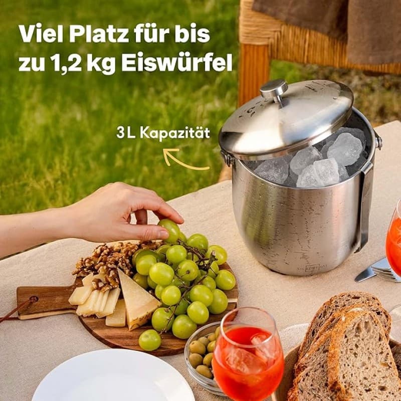 Eiswürfelbehälter Eiskübel mit Deckel und Zange Edelstahl doppelwandig isoliert extra Kühlung – 4