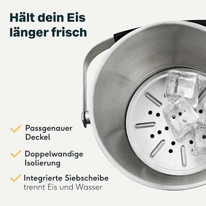 Eiswürfelbehälter Eiskübel mit Deckel und Zange Edelstahl doppelwandig isoliert extra Kühlung – 5