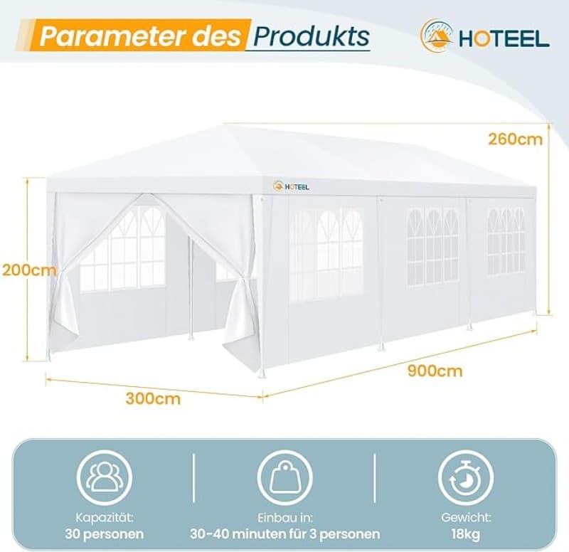 Pavillon 3 x 9 m Partyzelt Pavillon wasserdicht winterfest 8 abnehmbaren Wänden Gartenpavillon – 3