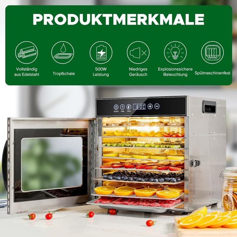 Dörrgerät trocknen entsaften von Obst Früchten Gemüse u.a. Edelstahl 500 Watt 10 Stufen mit 30-90°C – 5