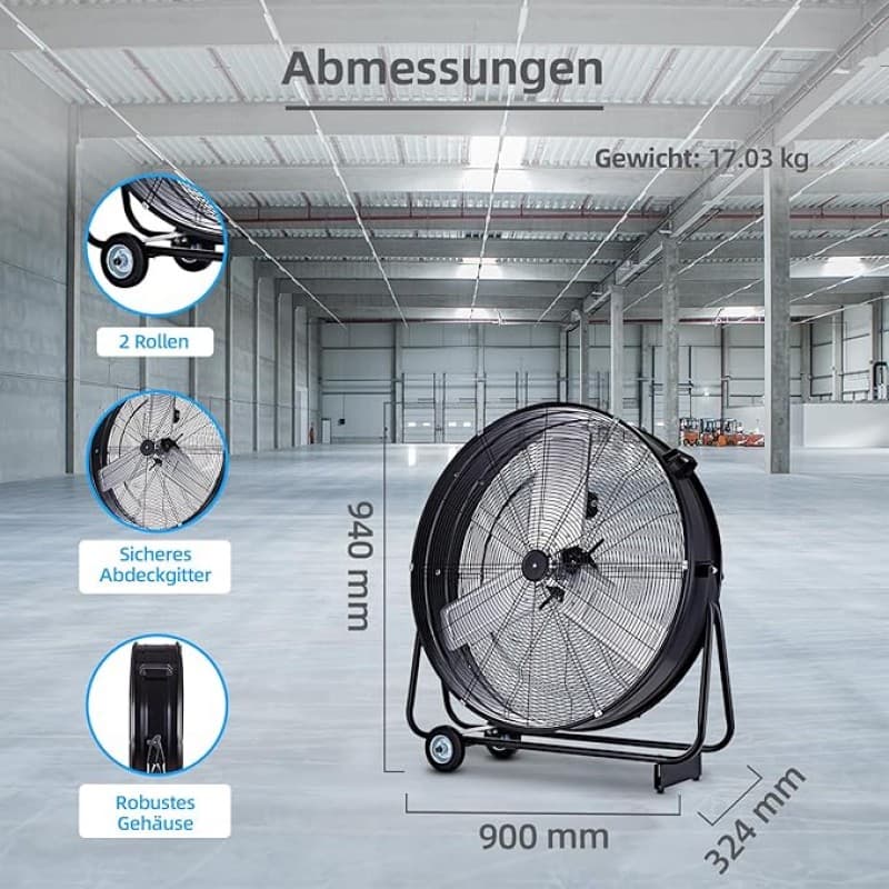 Industrie-Windmaschine Trommelventilator Bodenventilator 75 cm mobil 300 Watt Vollkupfermotor