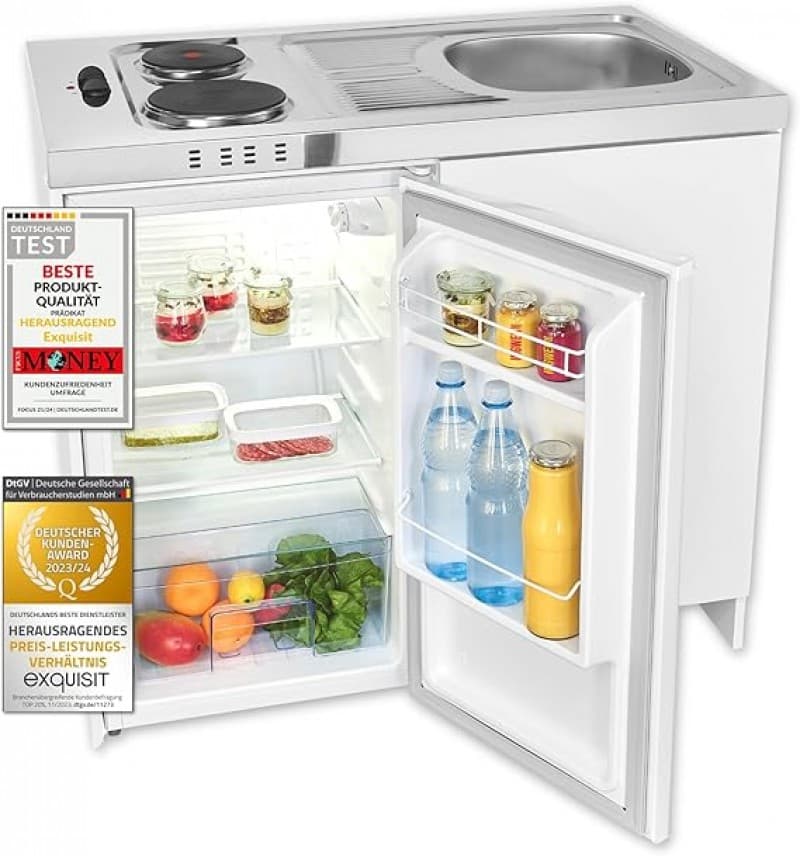 Mini-Küche Miniküche weiss Kühlschrank mit 76 l Nutzinhalt Masse-Kochfeld elektrisch 230 V Edelstahl