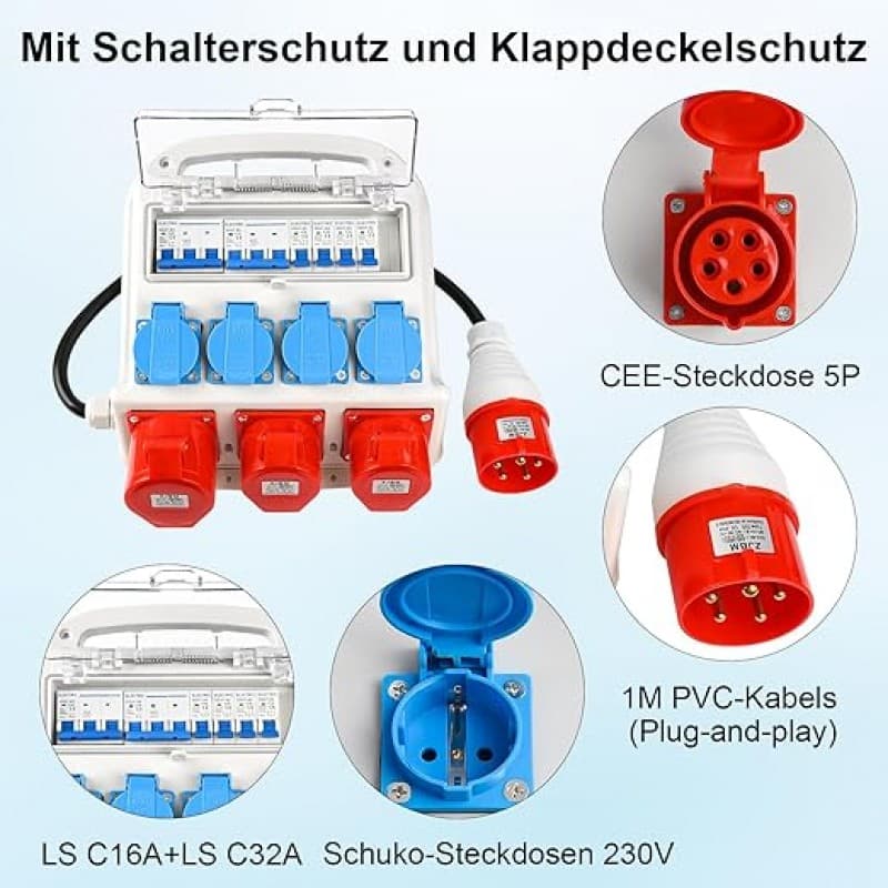Wandverteiler Baustromverteiler Stromverteiler mit 1 M PVC-Kabel und Leitungsschutzschalter IP44 CEE – 2