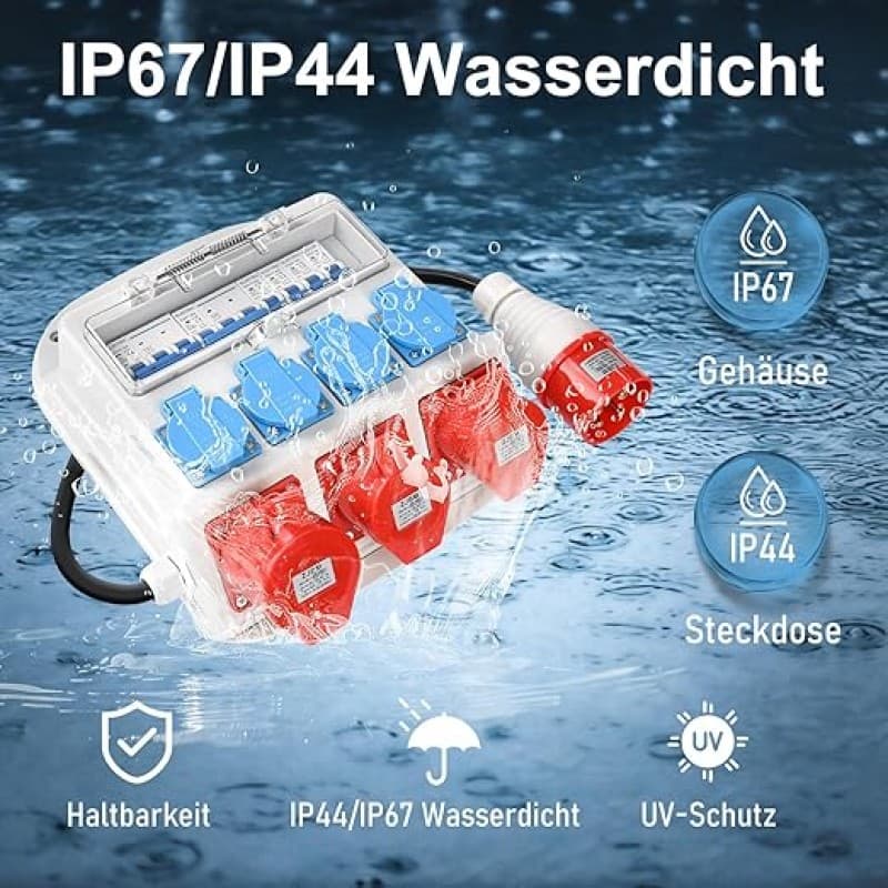 Wandverteiler Baustromverteiler Stromverteiler mit 1 M PVC-Kabel und Leitungsschutzschalter IP44 CEE – 4