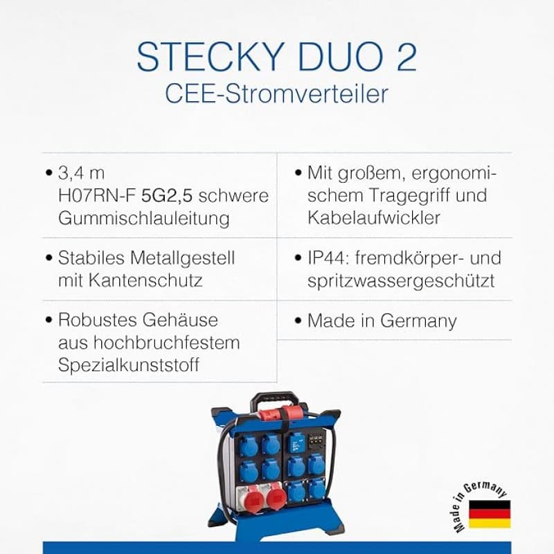 Stromverteiler Baustromverteiler Stromstation tragbar 2 CEE Stecker 400V/16A/5polig – 8 x Schuko – 3