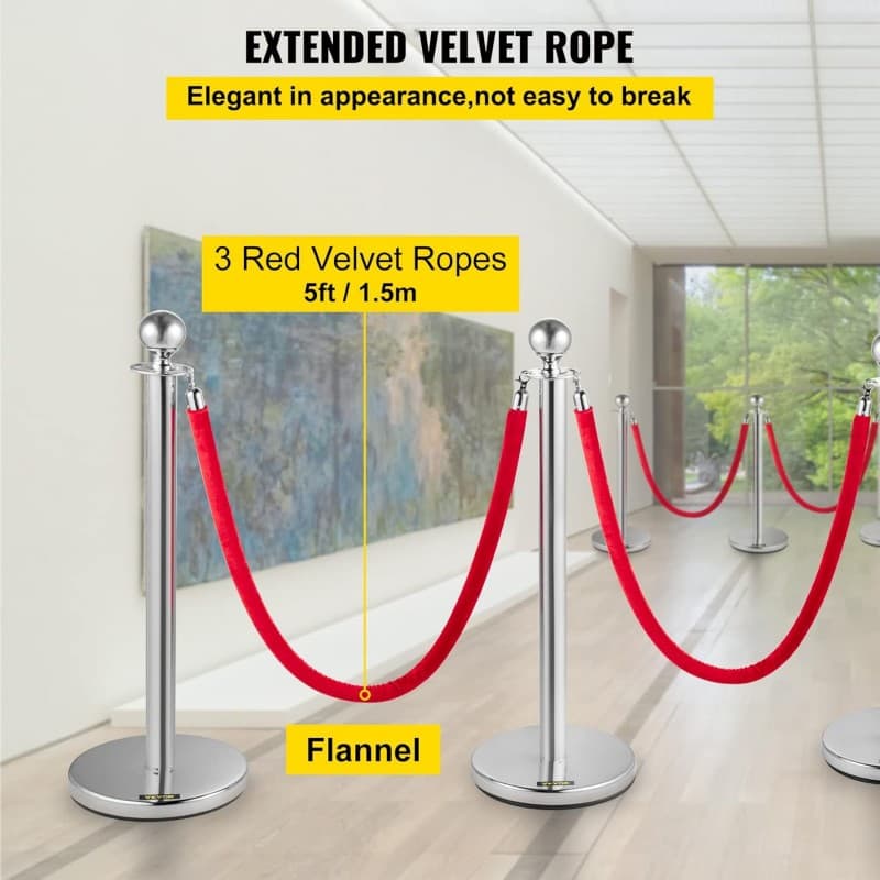Control Barriers Edelstahl Absperrpfosten Seil Abgrenzungsständer Kugelkopf 3 Rote Samtseile Silber – 4