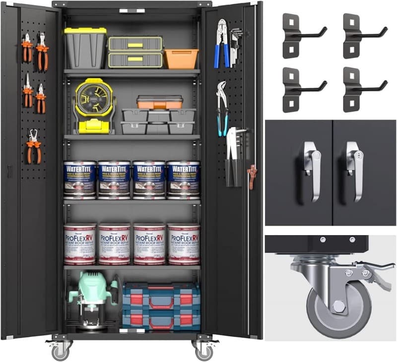 Metallschrank Stahlschrank Messeschrank Wertschrank Räder Pegboard abschließbar 4 höhenverstellbar – 3