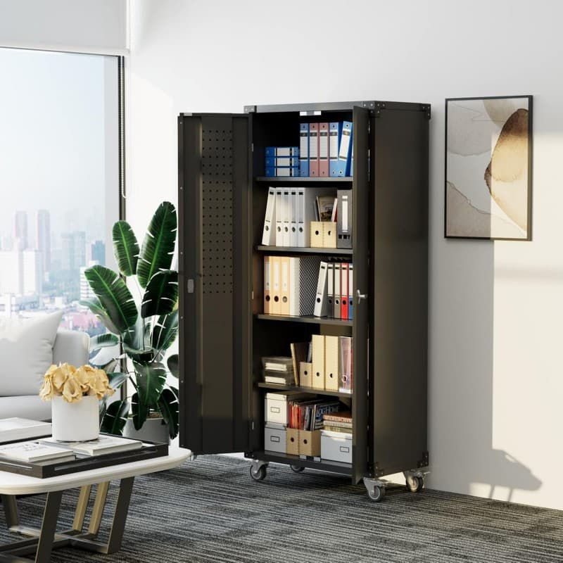 Metallschrank Stahlschrank Messeschrank Wertschrank Räder Pegboard abschließbar 4 höhenverstellbar – 2