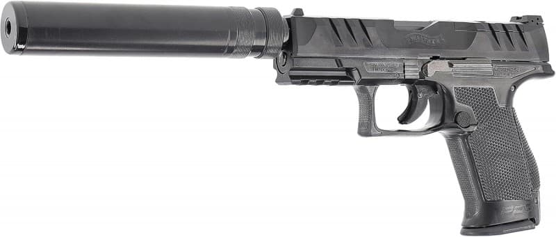 Pistole mit Schalldämpfer Airsoft Waffe 6 mm Federdruck < 0,5J Schalldämpfer-Attrappe 2 Magazine – 2