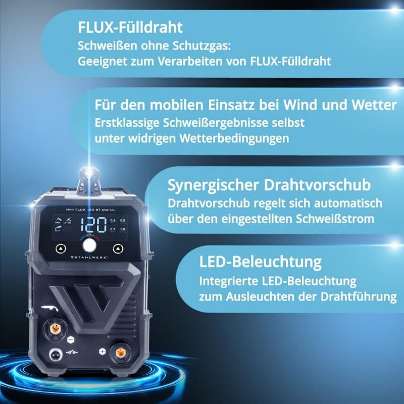 Schweißgerät Mini FLUX 120 ST Digital Fülldrahtschweißen (FLUX) ohne Schutzgas bis 120 A kompakt – 5