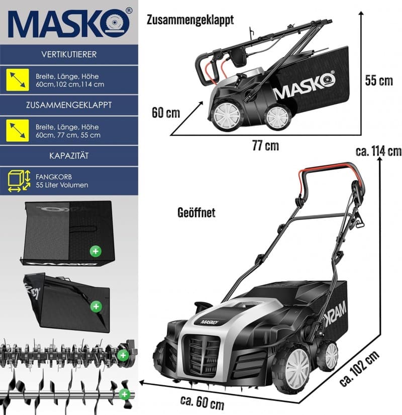 Vertikutierer 2 in 1 Elektro Rasenlüfter 1800 W 40 cm Arbeitsbreite 55 L Fangkorb mit Lüfterwalze – 2