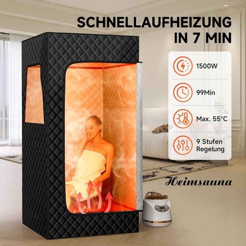 Dampfsauna mobil für Zuhause mit 3L/1500W Dampferzeuger 9 Wärmestufen inkl. Fernbedienung Klappstuhl – 3