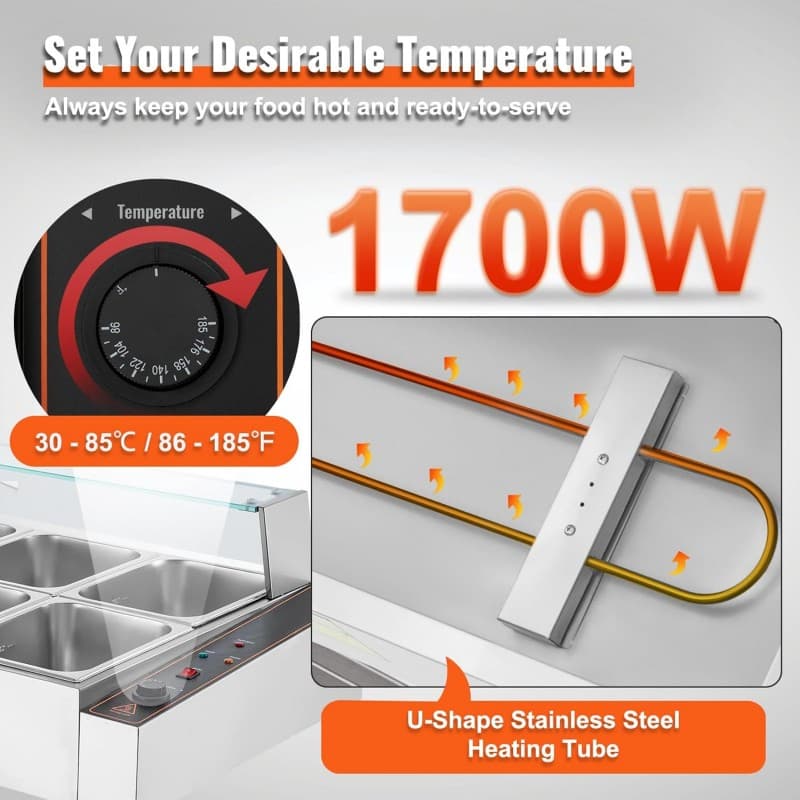 Kommerzieller Speisenwärmer elektrisch 1700 W mit 8 Behältern (je 8 Qt / 1/2 Größe) Dampftisch – 3