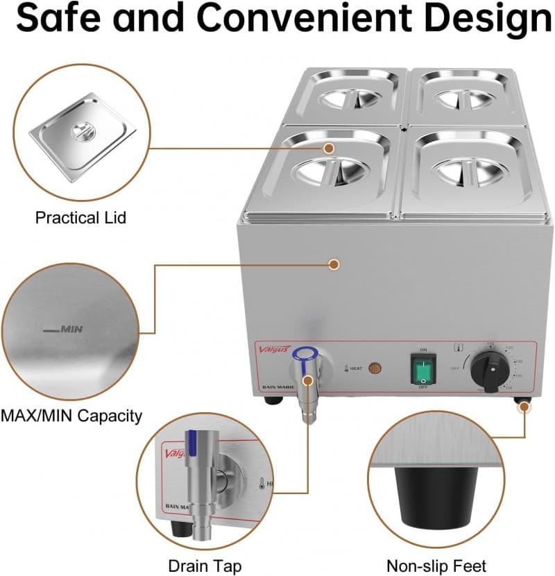 Gewerblicher Speisewärmer 4er Edelstahl Bain Marie 4 Behälter 15 L Buffet professionell Dampftisch – 4
