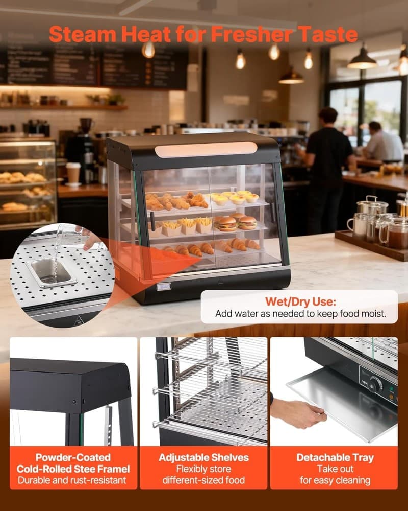 Warmhaltevitrine 100 L Wärmetheke 3-stöckig 1200 W Warmhaltetheke 30–85 °C Speisenwärmer LED-Beleuch – 5