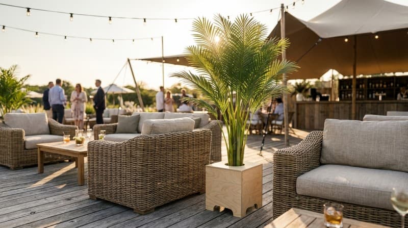 Hanfpalme mit Holz-Topf, Wetterfest. ARECA Palme mieten – Tropische Goldfruchtpalme für Events – 3