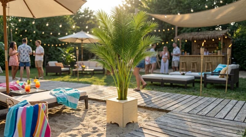 Hanfpalme mit Holz-Topf, Wetterfest. ARECA Palme mieten – Tropische Goldfruchtpalme für Events – 2