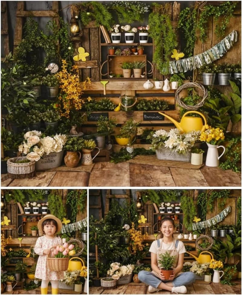 Frühlingsgarten Fotohintergrund C 270 x 180 cm Ostern Retro Rustikal Holz Grünpflanzen Hintergrund f – 2